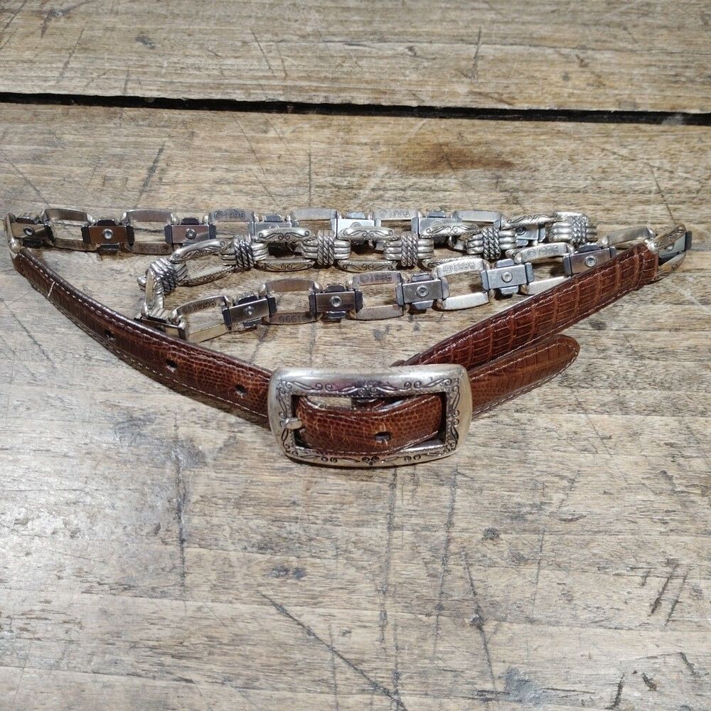 Brighton Brown Leather Belt 1996 Chain Links Vintage Metal Silver Tone Sz Large